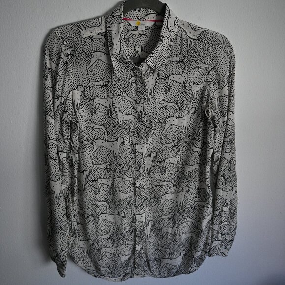 Boden Collared Silk Blouse – Black & White Dalmatian – Size 4 - Picture 1 of 10
